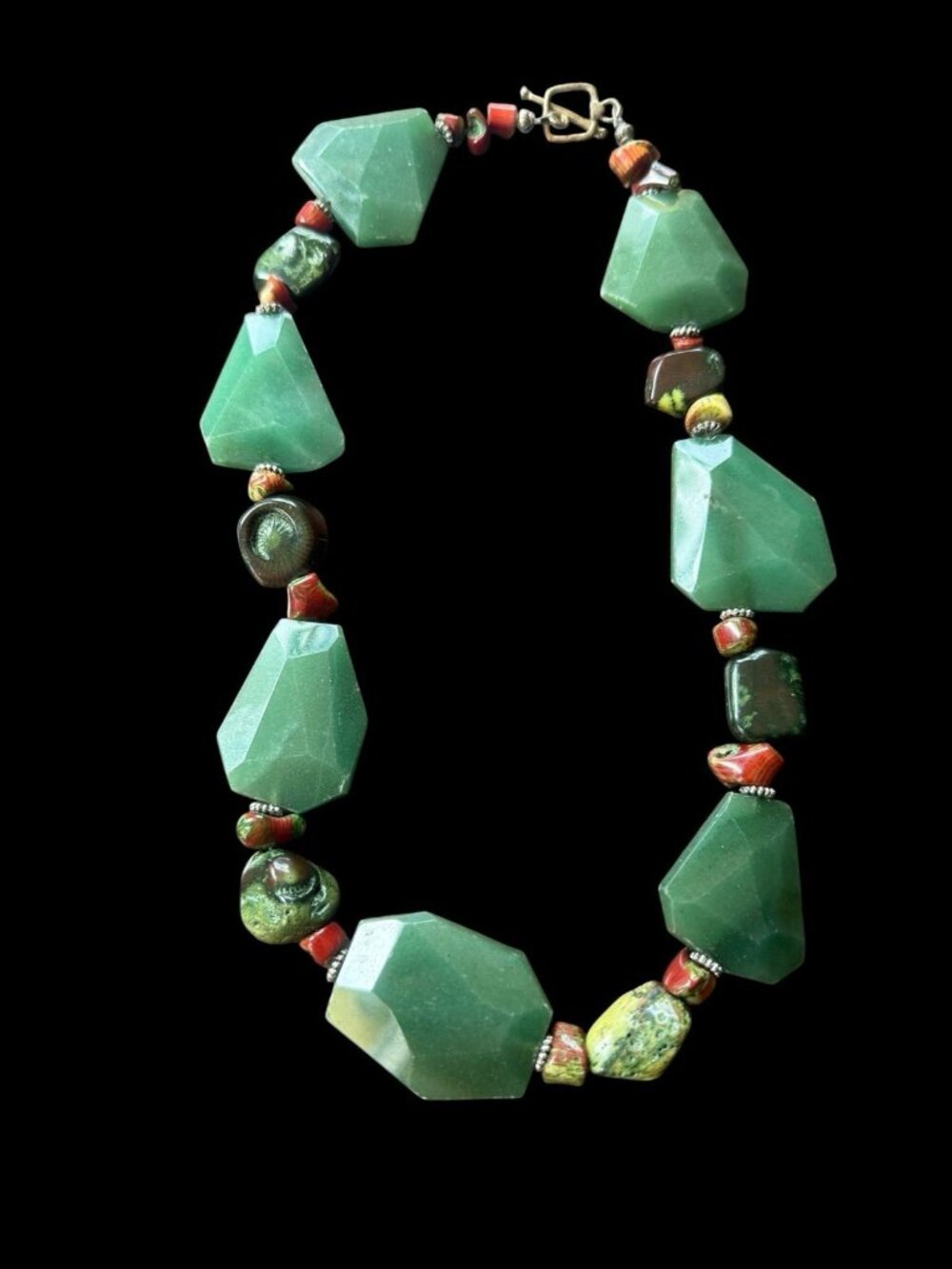 Artisan Green Aventurine Quartz Unakite Jasper Chunky Gemstone Bead Necklace